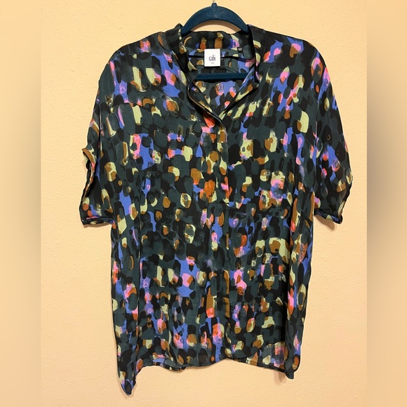Cabi Sabine Abstract Watercolor Button Down High Neck Modest Artsy Blouse - Picture 2 of 10